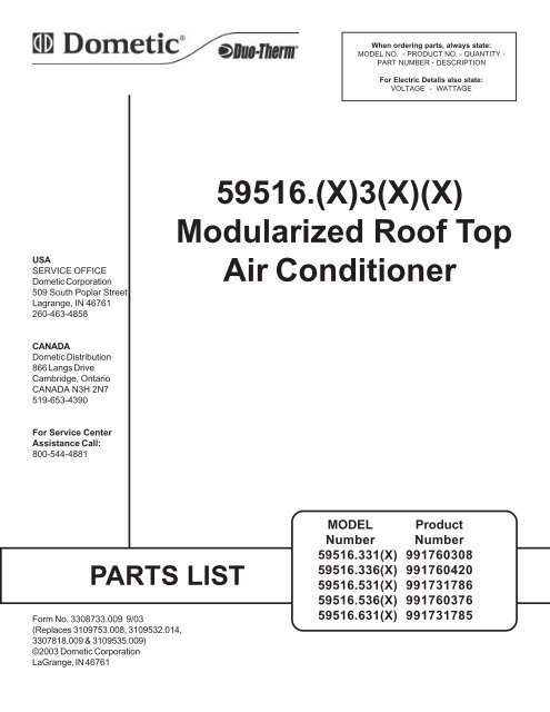  Dometic  Duotherm Brisk Air  Conditioner  Parts  List  RV  