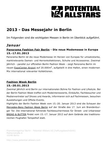 Messekalender Berlin 2013 - Promotionagentur Berlin
