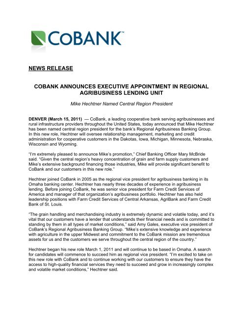 news release cobank announces executive appointment in regional ...