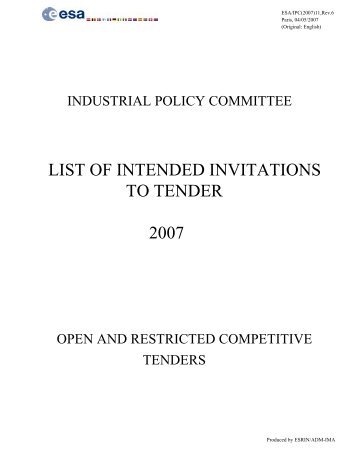 LIST OF INTENDED INVITATIONS TO TENDER 2007 - emits - ESA