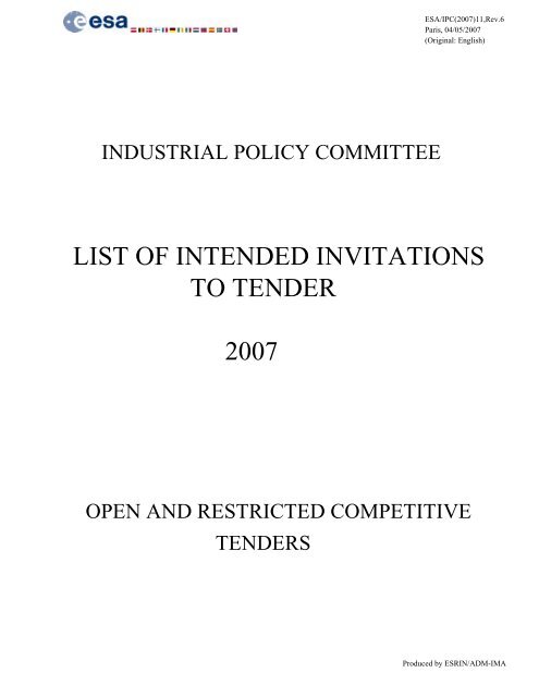 LIST OF INTENDED INVITATIONS TO TENDER 2007 - emits - ESA