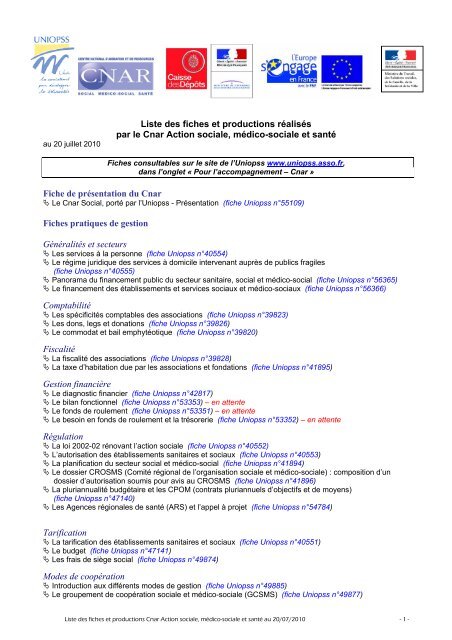 Liste des fiches et productions rÃ©alisÃ©s par le Cnar Action ... - Uniopss