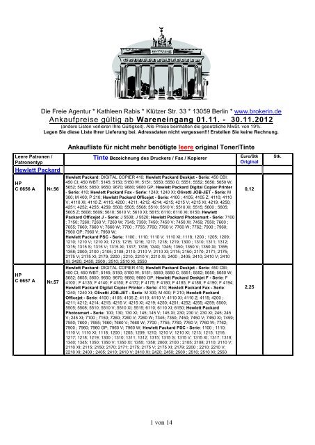 Ankauf Ankauflisten leere u. volle Drucker Patronen ... - Brokerin.de