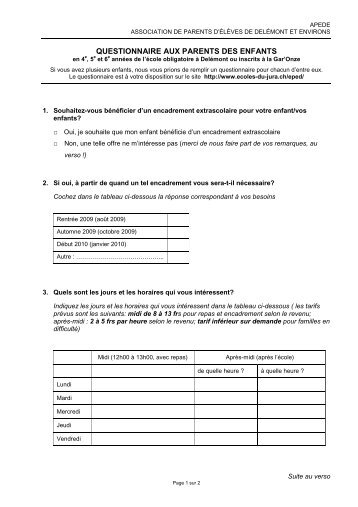 QUESTIONNAIRE AUX PARENTS DES ENFANTS - Ecoles-du-Jura.ch
