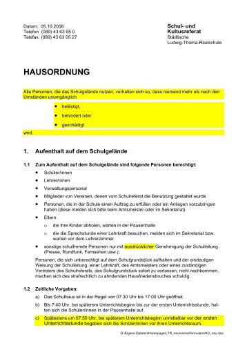 HAUSORDNUNG - bei der StÃ¤dtischen Ludwig-Thoma-Realschule ...