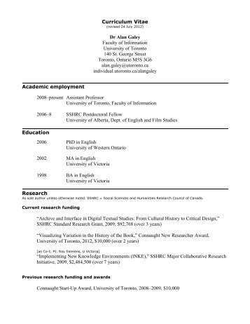 Curriculum Vitae Dr Alan Galey Faculty of ... - University of Toronto