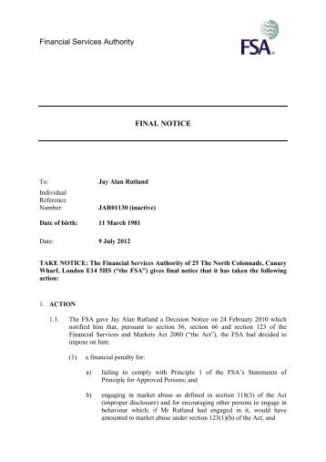 Final Notice: Jay Alan Rutland - Financial Services Authority