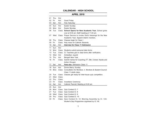 senior calendar - Don Bosco School, Park Circus