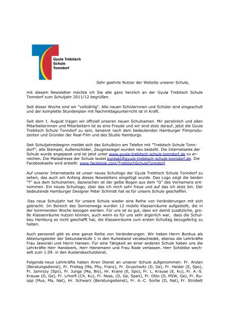 Newsletter 1 - 2011/12 - Gyula Trebitsch Schule Tonndorf