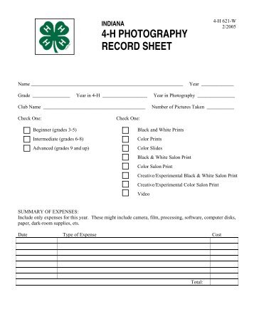 4-H PHOTOGRAPHY RECORD SHEET - Indiana 4-H