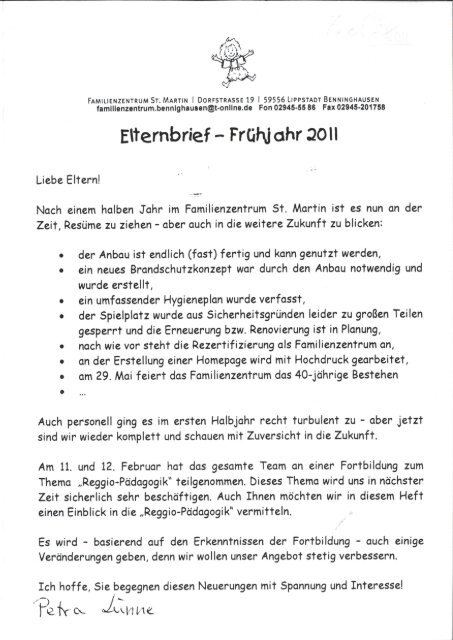 Elternbrief Frühjahr 2011 - Familienzentrum St. Martin Benninghausen