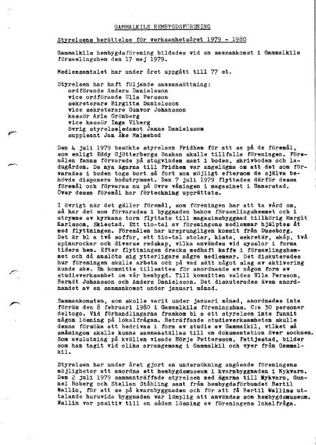 Verksamhetsberättelse för år 1979 - Gammalkils Hembygdsförening