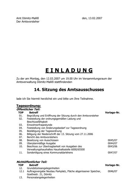 einladung - Amt DÃ¶mitz-MalliÃ