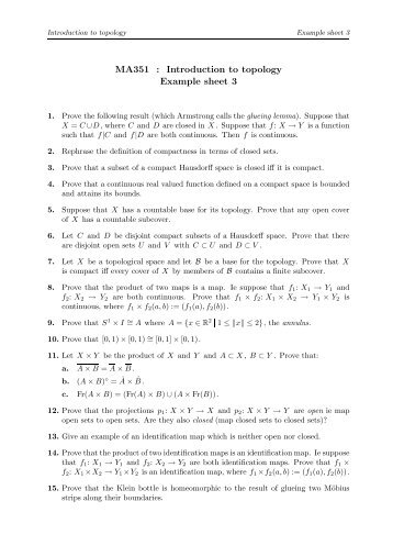 MA351 : Introduction to topology Example sheet 3 - Of the Clux