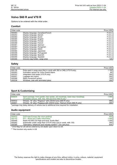 Volvo S70/V70 MC 10 Price list 972 - Volvo Overseas Delivery