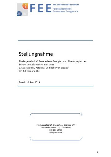 Stellungnahme - FÃ¶rdergesellschaft Erneuerbare Energien e.V. (FEE)