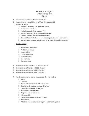 Reunión de la PTA/SCC 17 de marzo del 2011 Agenda - Backman ...