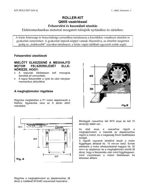 ROLLER-KIT Q60S vezérléssel Felszerelési és használati utasítás ...