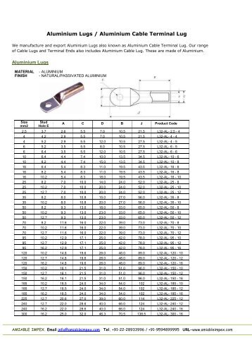 Aluminium Lugs / Aluminium Cable Terminal Lug - Amiable Impex