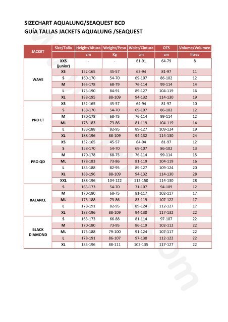 sizechart aqualung/seaquest bcd guÃ­a tallas jackets aqualung ...