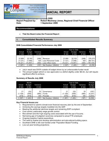 sdhb board finance paper july 2009 results - Southern District Health ...