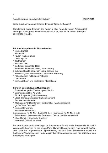 Materialliste für die dritten Klassen - Grundschule Hösbach