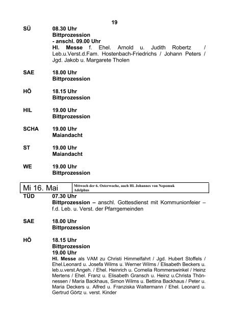 Mo 30. April Di 1. Mai Mi 2. Mai - Kirchen im Selfkant