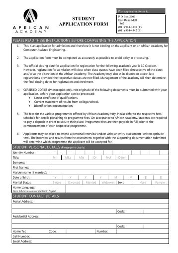 STUDENT APPLICATION FORM - African Academy