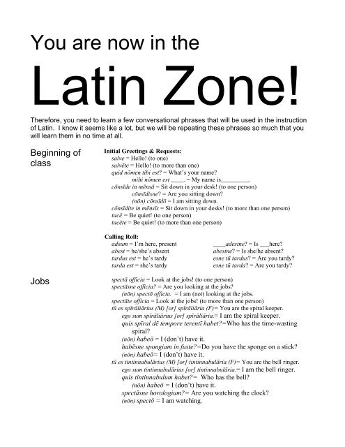Latin for classroom procedures in