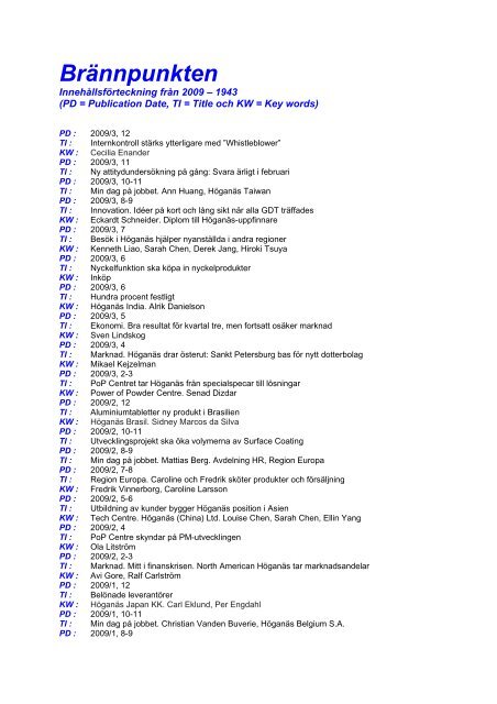 InnehÃ¥llsfÃ¶rteckning 2009 - Stawfordska SÃ¤llskapet