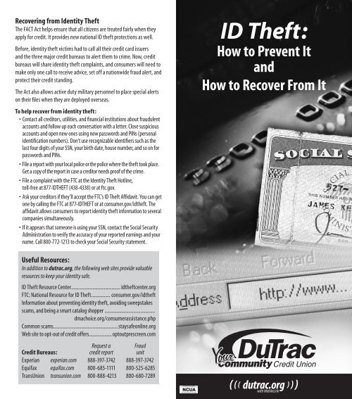 Download a "Preventing ID Theft" - DuTrac Community Credit Union