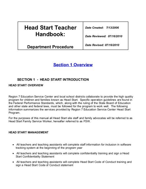 Head Start Teacher Handbook: - Region VII Education Service Center