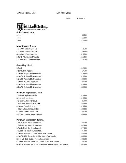 Scope price list.xlsx - Melbourne Firearms Centre