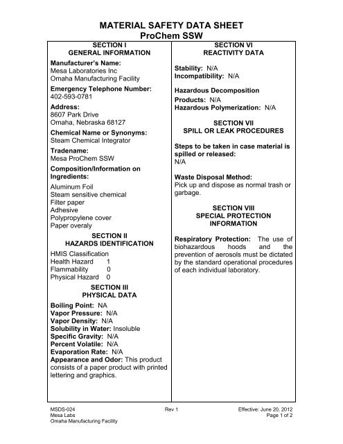 MATERIAL SAFETY DATA SHEET ProChem SSW - Mesa Labs