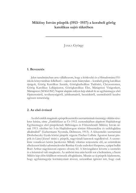 MiklÃ³sy IstvÃ¡n pÃ¼spÃ¶k - Byzantinohungarica - GÃ¶rÃ¶g Katolikus ...