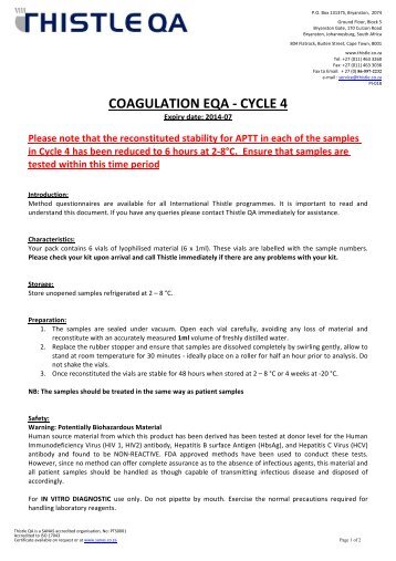 COAGULATION EQA -â CYCLE 4 - Thistle QA