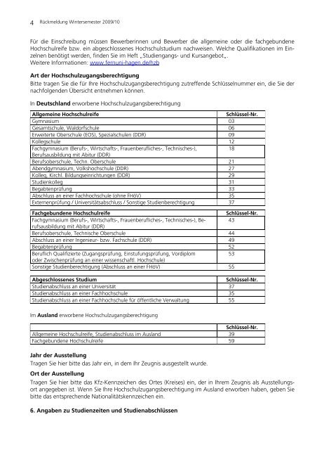 Zulassungsantrag Sommersemester 2009 - FernUniversitÃ¤t in Hagen