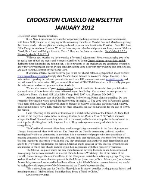 Crookston Cursillo Newsletter January 201 22 Diocese Of Crookston