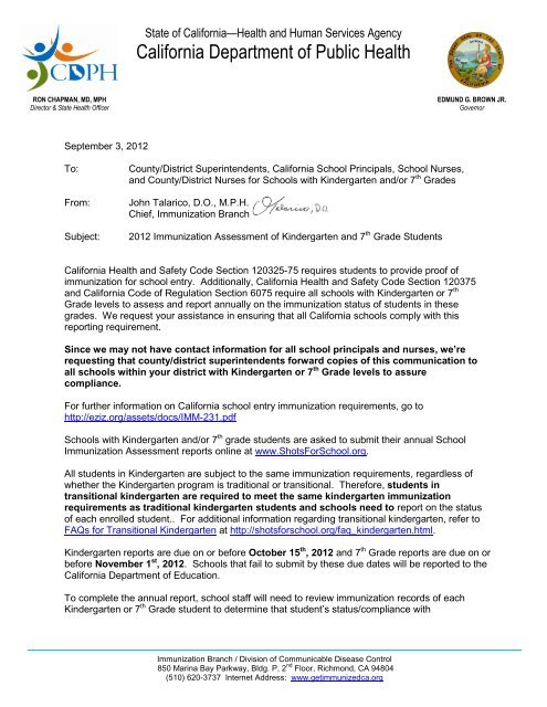 2012 Immunization Assessment Of Kindergarten And 7th Grade 