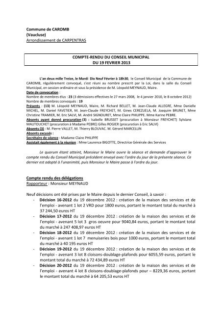 Compte rendu du conseil municipal du 19 fÃ©vrier ... - Ville de Caromb