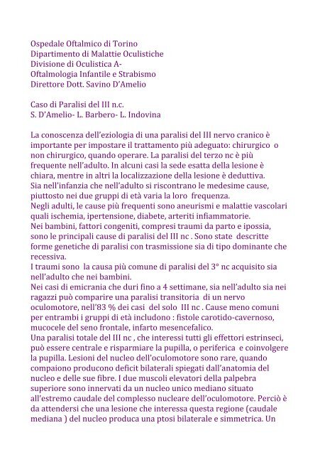 Paralisi del III nervo cranico da causa insolita - S. D'Amelio
