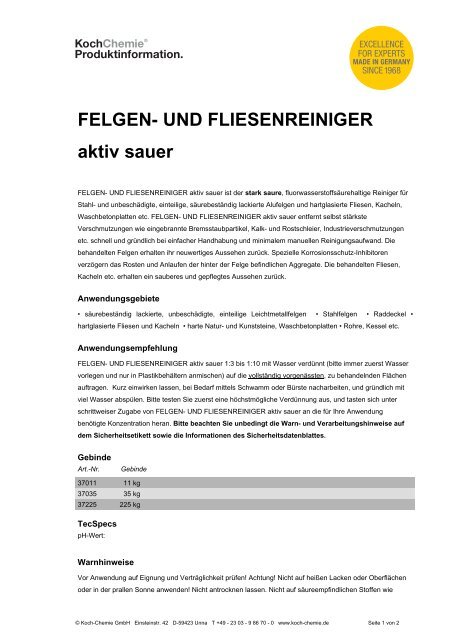 FELGEN- UND FLIESENREINIGER aktiv sauer - Koch-Chemie