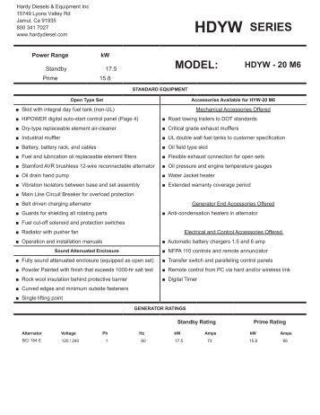 20 kW Yanmar Diesel generator single phase data sheet