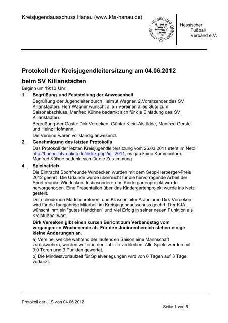 Protokoll vom 04.06.2012 - Kreis Hanau - Hessischer FuÃball Verband