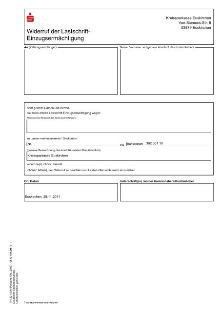Widerruf Der Lastschrift Einzugsermachtigung Kreissparkasse Eu