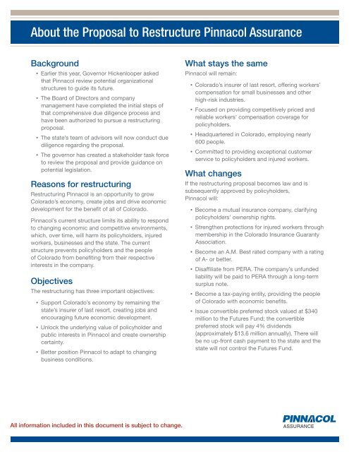 Restructuring Fact Sheet - Pinnacol Assurance