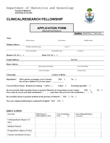 clinical/research fellowship application form - University of Toronto ...