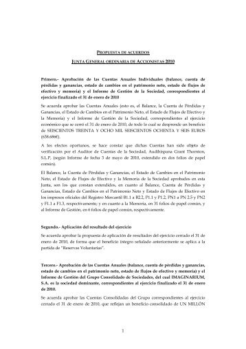 Propuesta de Acuerdos - Junta General Ordinaria 2010 - Imaginarium