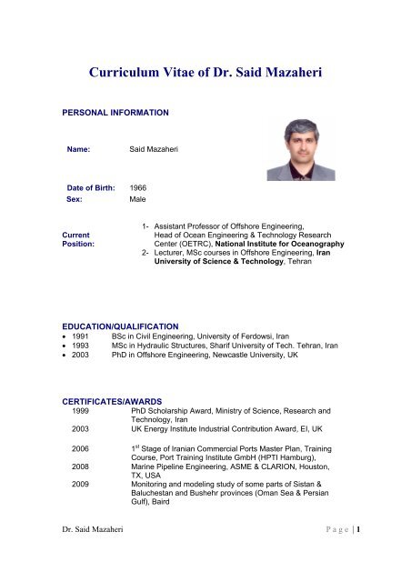 Curriculum Vitae of Dr. Said Mazaheri