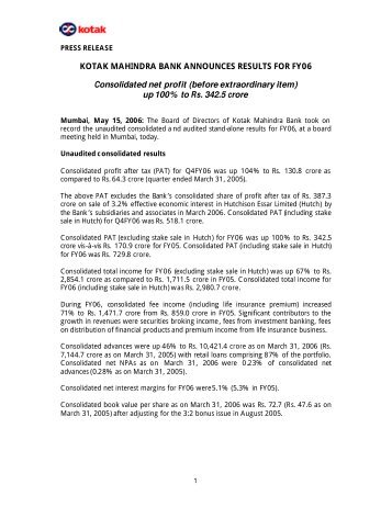 Kotak Bank Q4 FY 06 Press Release- Post Board